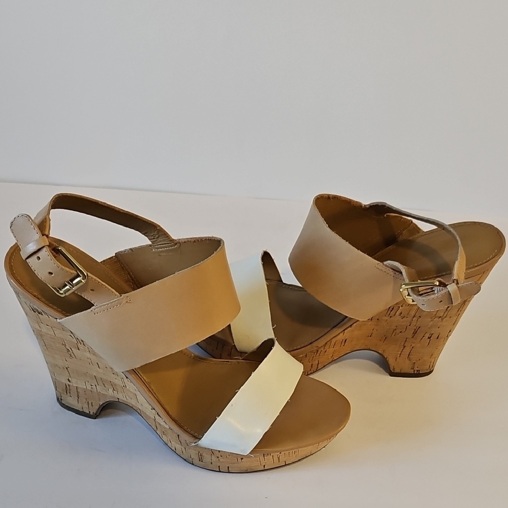 Franco Sarto Tan & White Cork Wedge Sandals Size 9